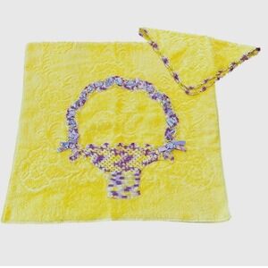 Cannon Vintage Towel Set Yellow with Lavender Crochet Ribbon‎ Basket Applique
